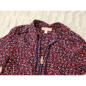 Michael Kors Long Sleeve Half Zip Blouse Navy Blue Pink Red Floral Medium‎